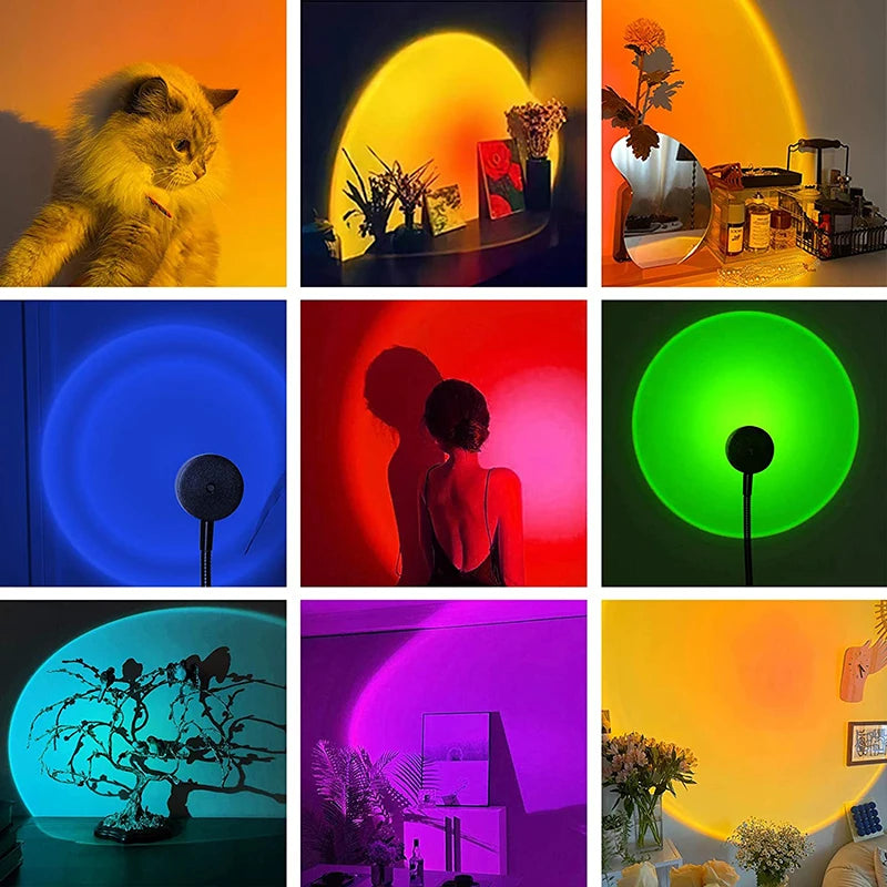 Sunset Lamp USB Powered Rainbow Projector Lamp Bedroom 7 Colors Atmosphere Night Light RGB Photography Background Lights