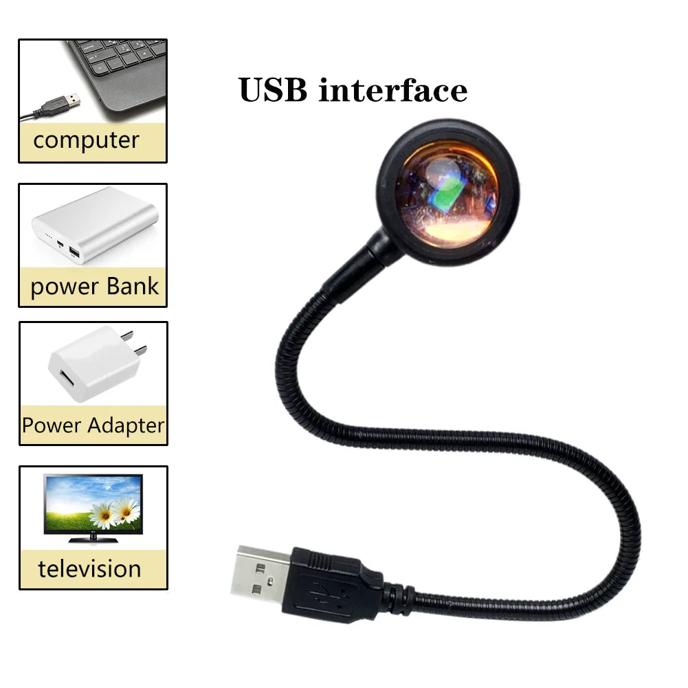 Sunset Lamp USB Powered Rainbow Projector Lamp Bedroom 7 Colors Atmosphere Night Light RGB Photography Background Lights